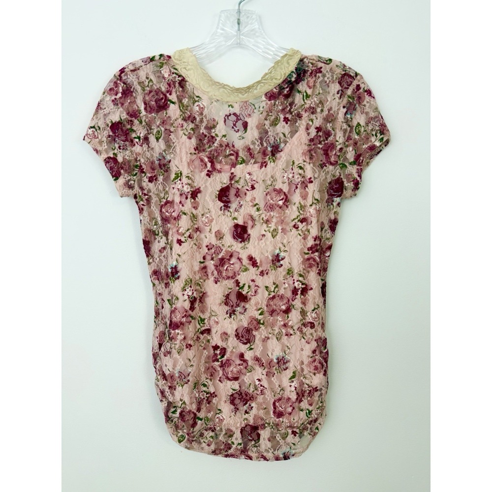 LACE Pink Mesh TOP Medium Rose Print Sheer Fairy Y2K Ruched Coquette Long Floral